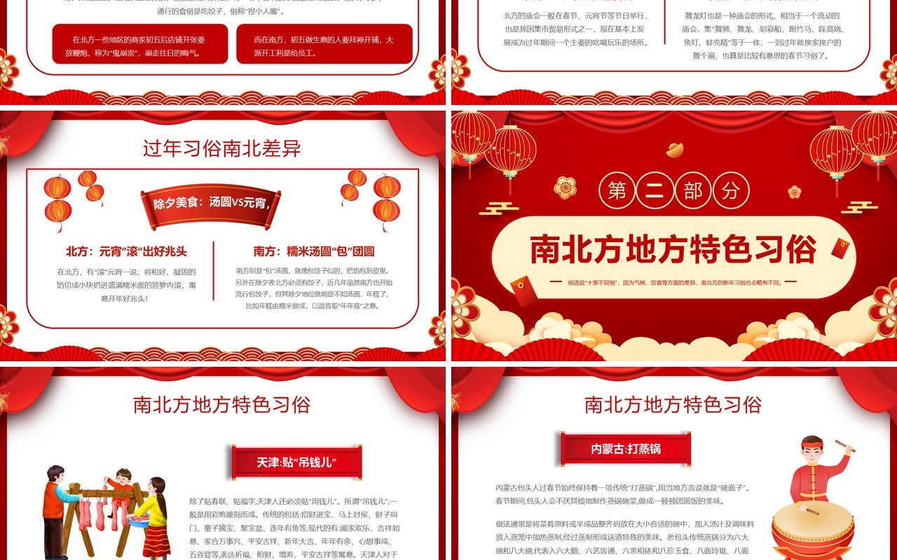 红色中国风南北方春节不同习俗介绍PPT模板