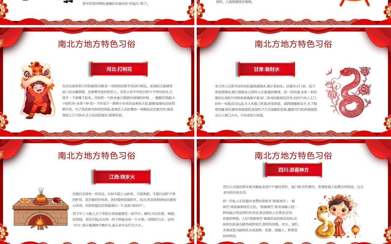 红色中国风南北方春节不同习俗介绍PPT模板
