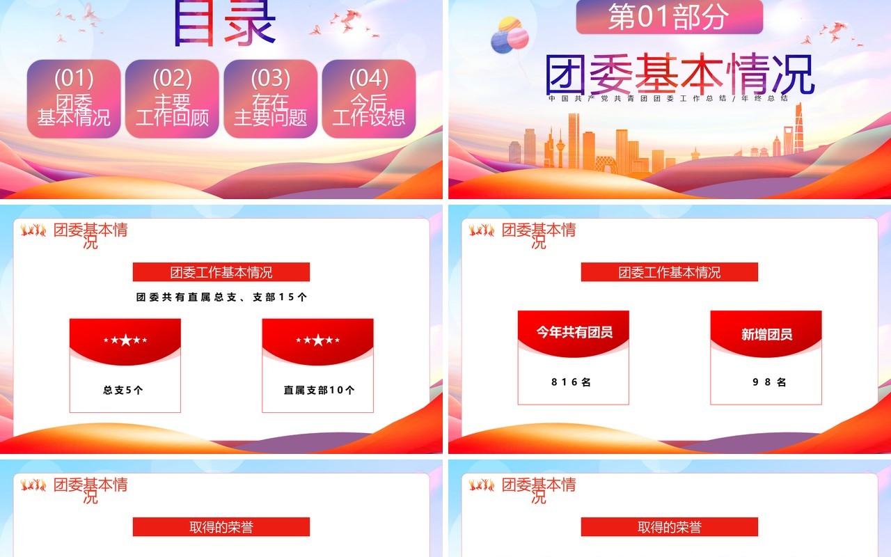 红色简约风学校团委年终总结PPT通用模板
