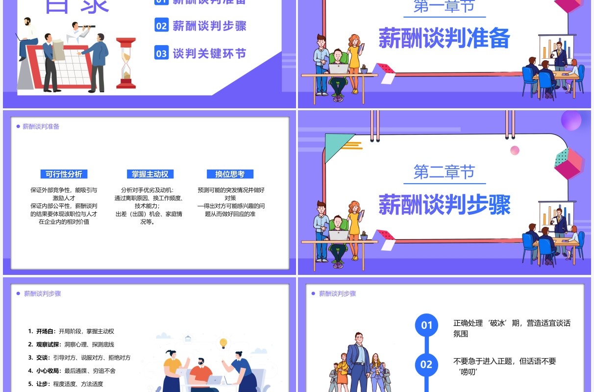 紫色插画风企业HR薪酬谈判技巧汇报PPT模板