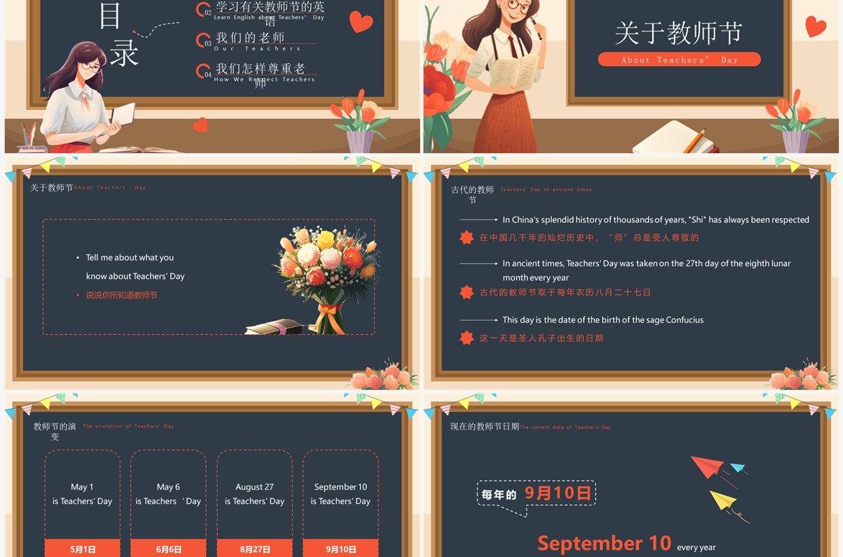 黑板风教师节快乐英文介绍PPT模板