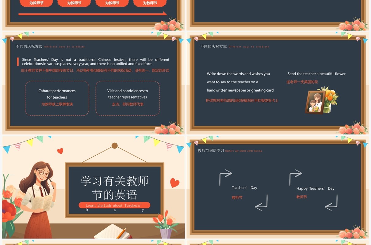 黑板风教师节快乐英文介绍PPT模板