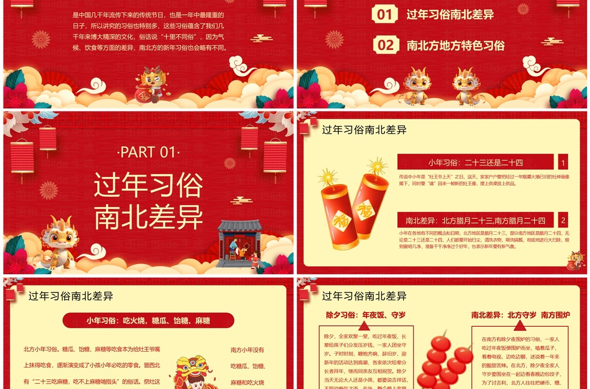 红色中国风南北方春节习俗PPT模板