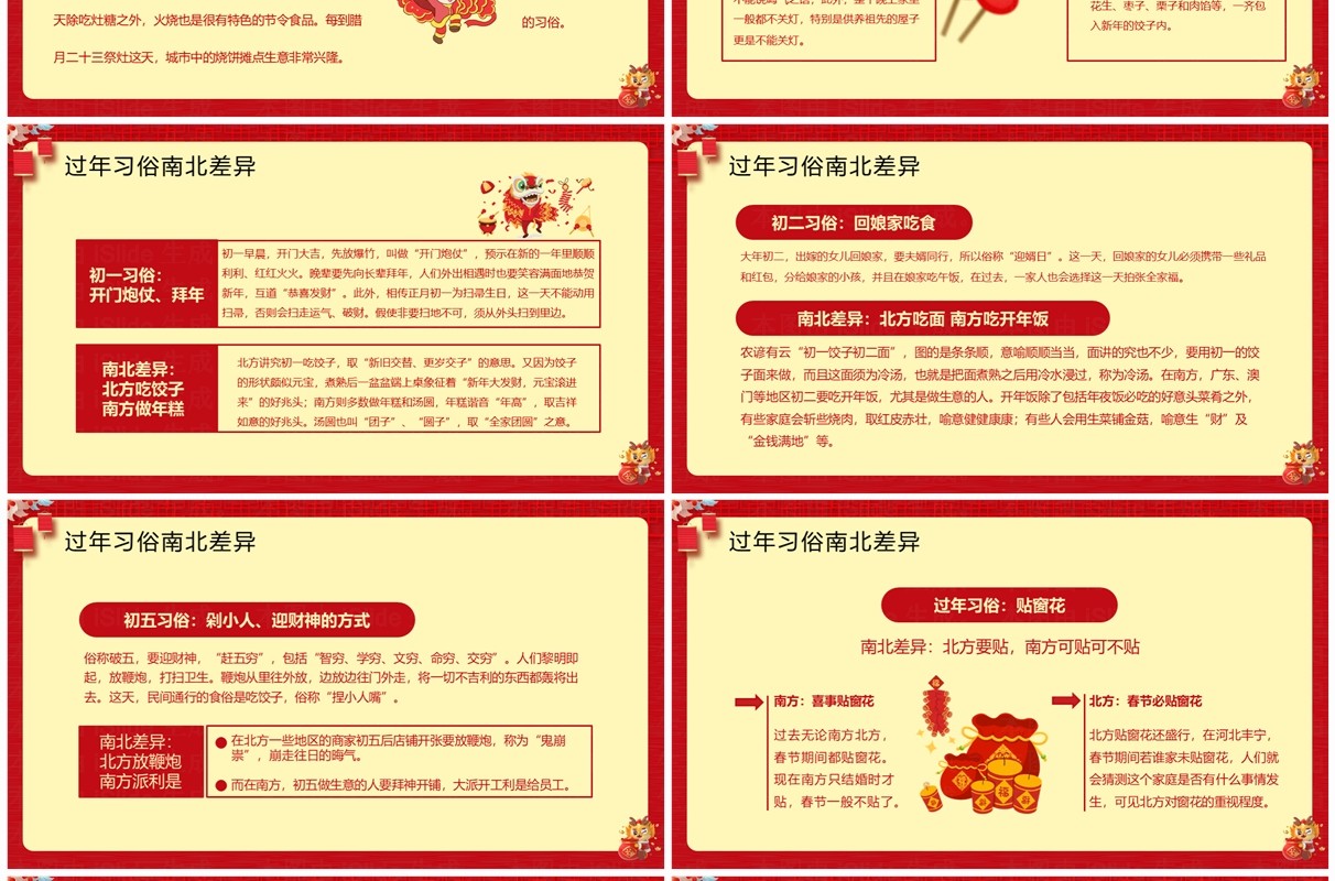 红色中国风南北方春节习俗PPT模板