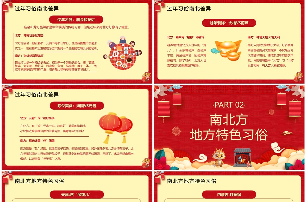 红色中国风南北方春节习俗PPT模板
