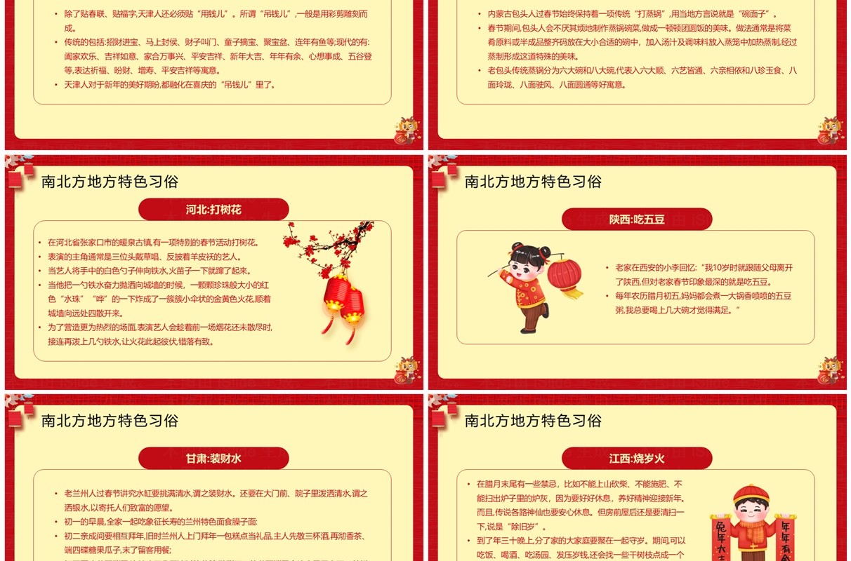 红色中国风南北方春节习俗PPT模板