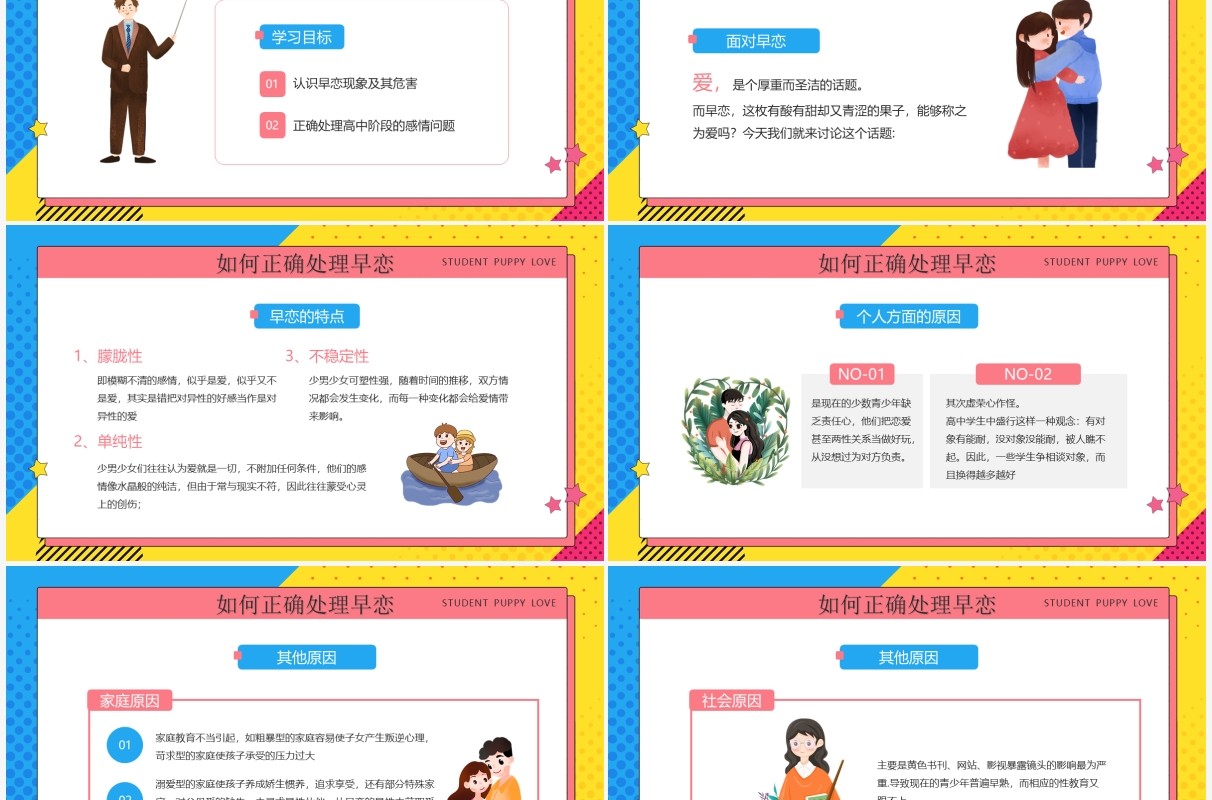 黄蓝撞色卡通风男女交往早恋知识教育PPT模板