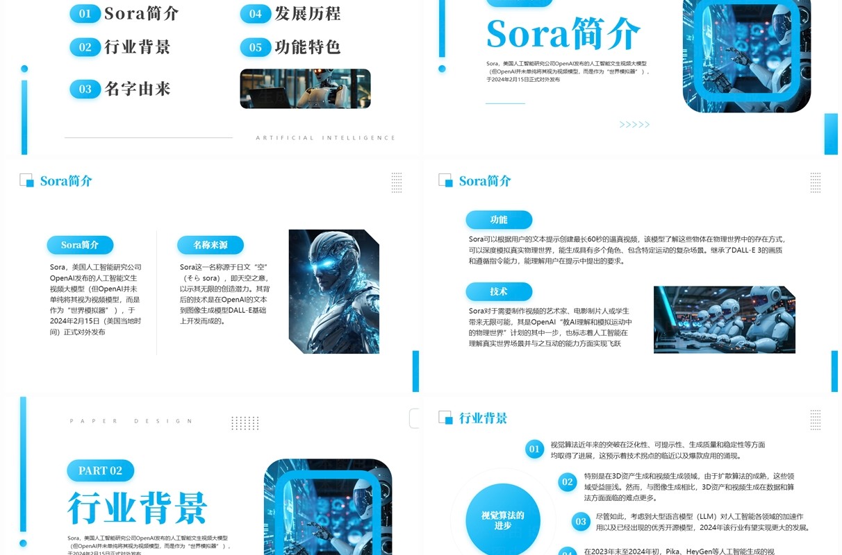 蓝色商务风SORA人工智能PPT模板
