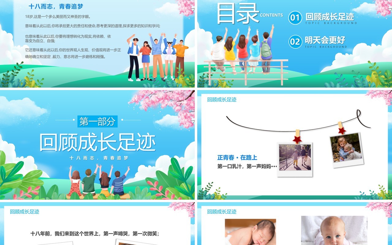 蓝色卡通风十八岁成人礼相册PPT模板