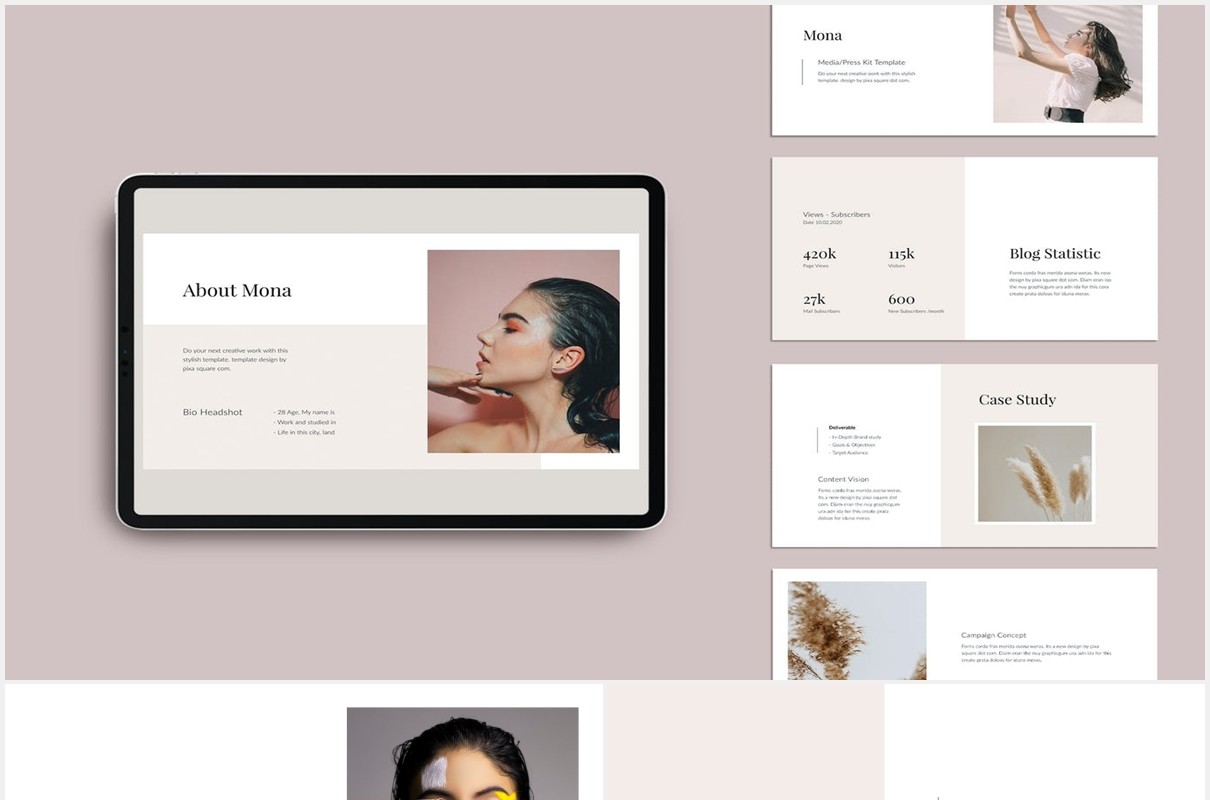 简约图文展示个人报告PPT模板MONA - Media Press Kit Powerpoint Template