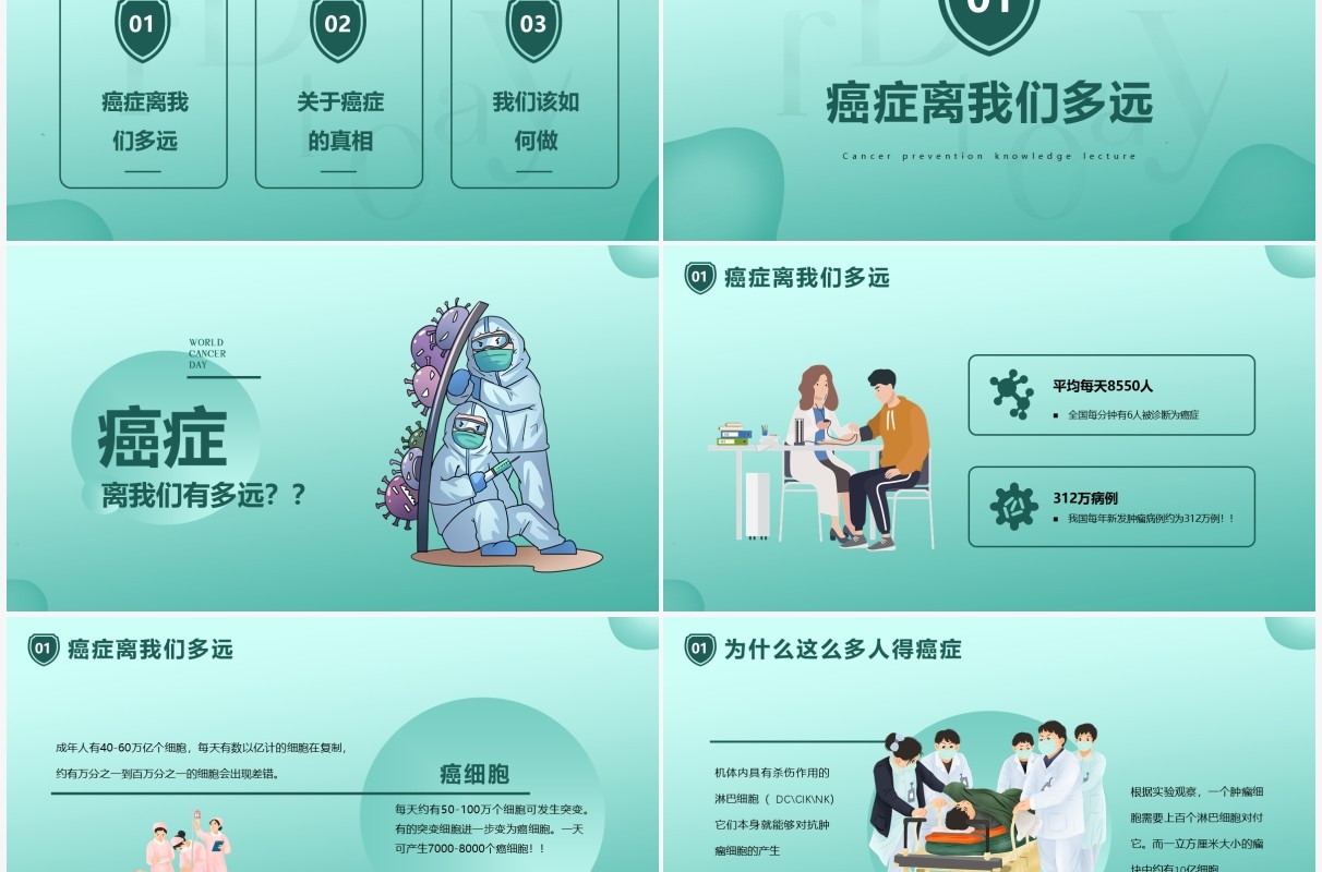 绿色简约卡通世界抗癌日PPT动态模版