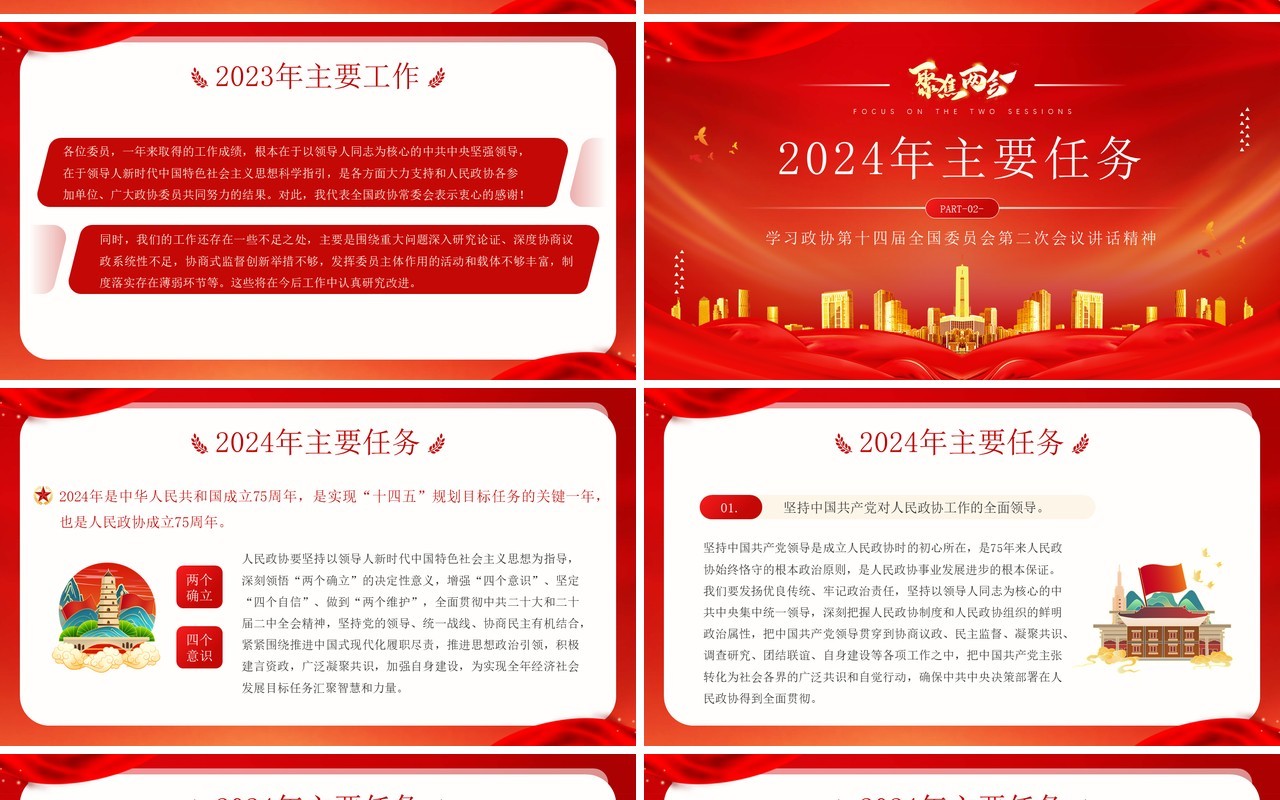 红色简约风全国政协两会工作报告全文PPT模板