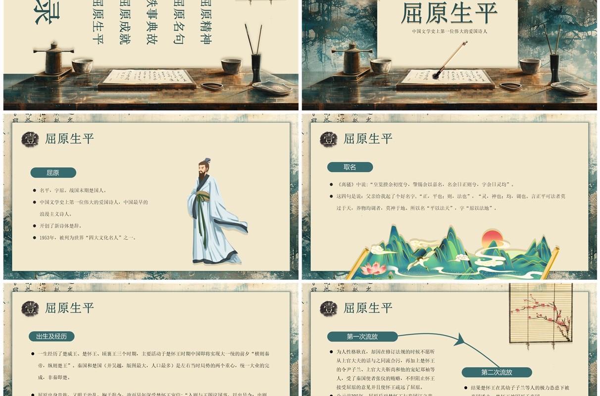 黄色古典中国风爱国诗人屈原介绍PPT模板