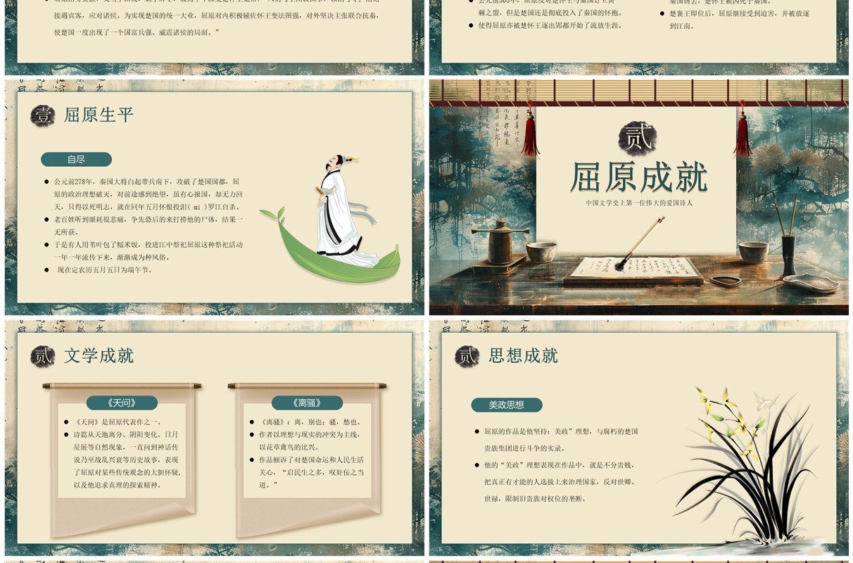 黄色古典中国风爱国诗人屈原介绍PPT模板