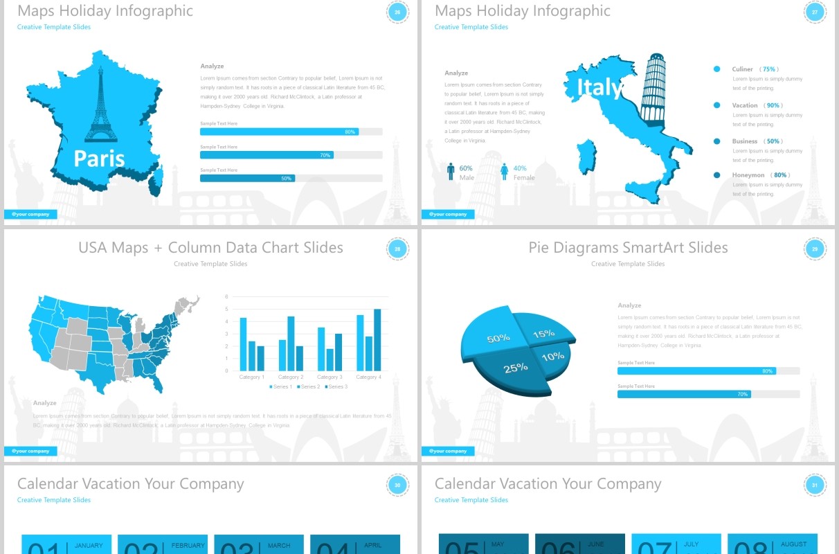 假期度假旅游线路项目计划PPT模板可视化信息图表Vacation - Traveling Presentation Template