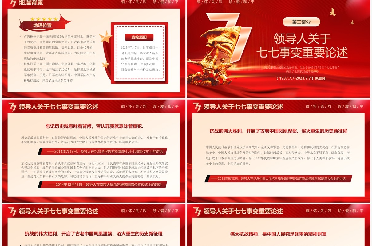 红色党政风纪念七七事变PPT模板