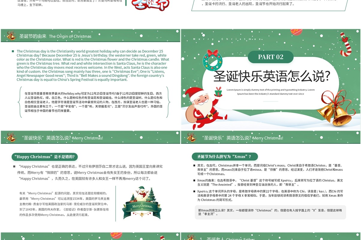 绿色卡通风圣诞节英文介绍PPT模板