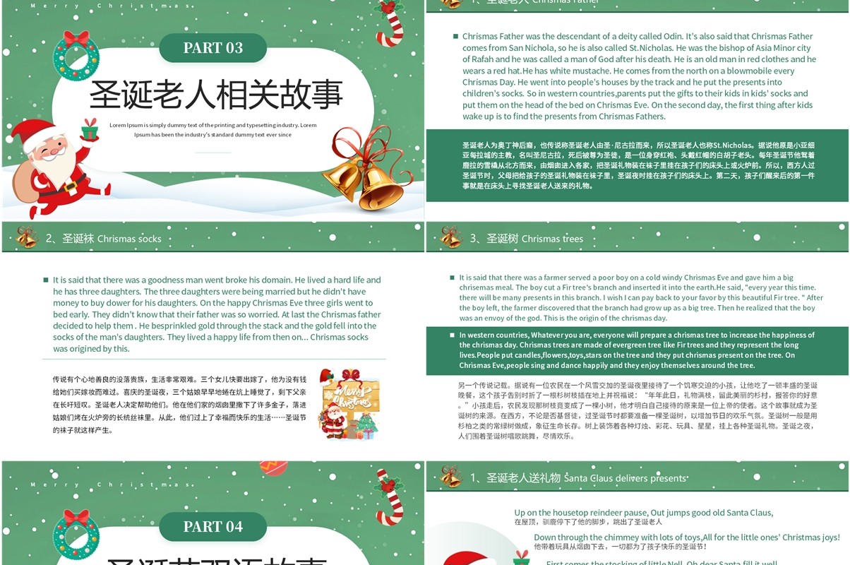 绿色卡通风圣诞节英文介绍PPT模板