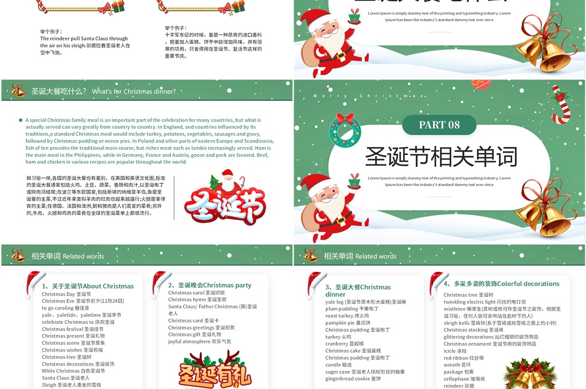 绿色卡通风圣诞节英文介绍PPT模板