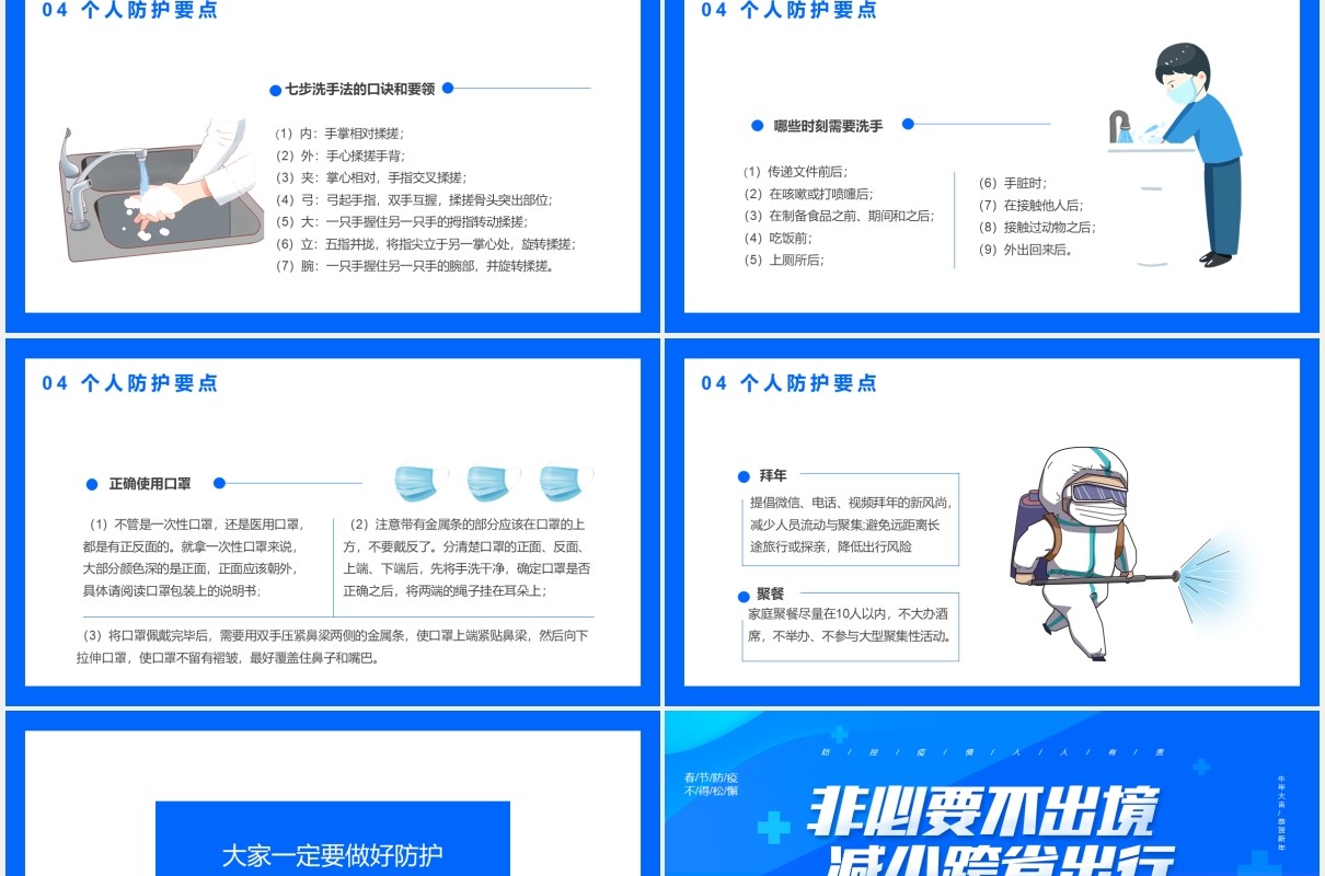蓝色卡通风春节新冠病毒防控指南通用PPT模板