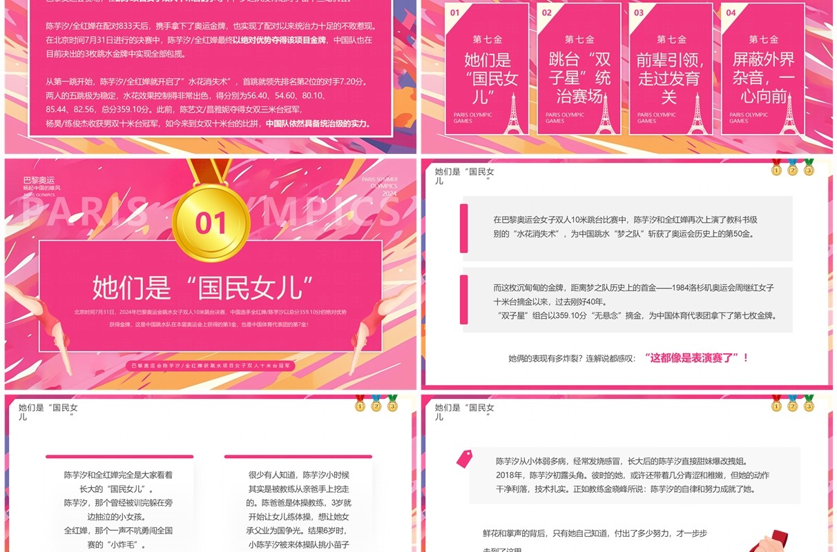 粉色卡通风巴黎跳水冠军陈芋汐全红婵介绍PPT模板