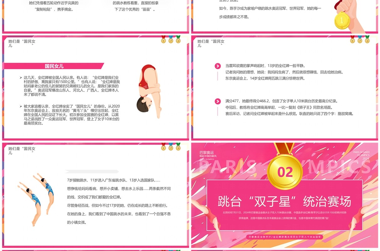 粉色卡通风巴黎跳水冠军陈芋汐全红婵介绍PPT模板