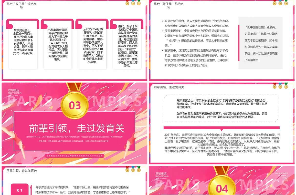 粉色卡通风巴黎跳水冠军陈芋汐全红婵介绍PPT模板