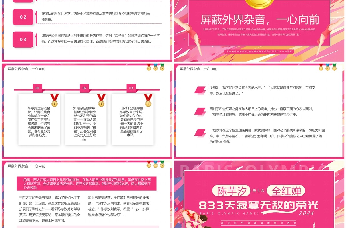 粉色卡通风巴黎跳水冠军陈芋汐全红婵介绍PPT模板