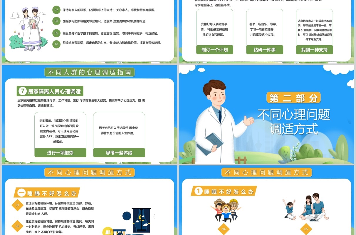 蓝色应对新型冠状病毒肺炎疫情心理调适指南防护辅导PPT模板