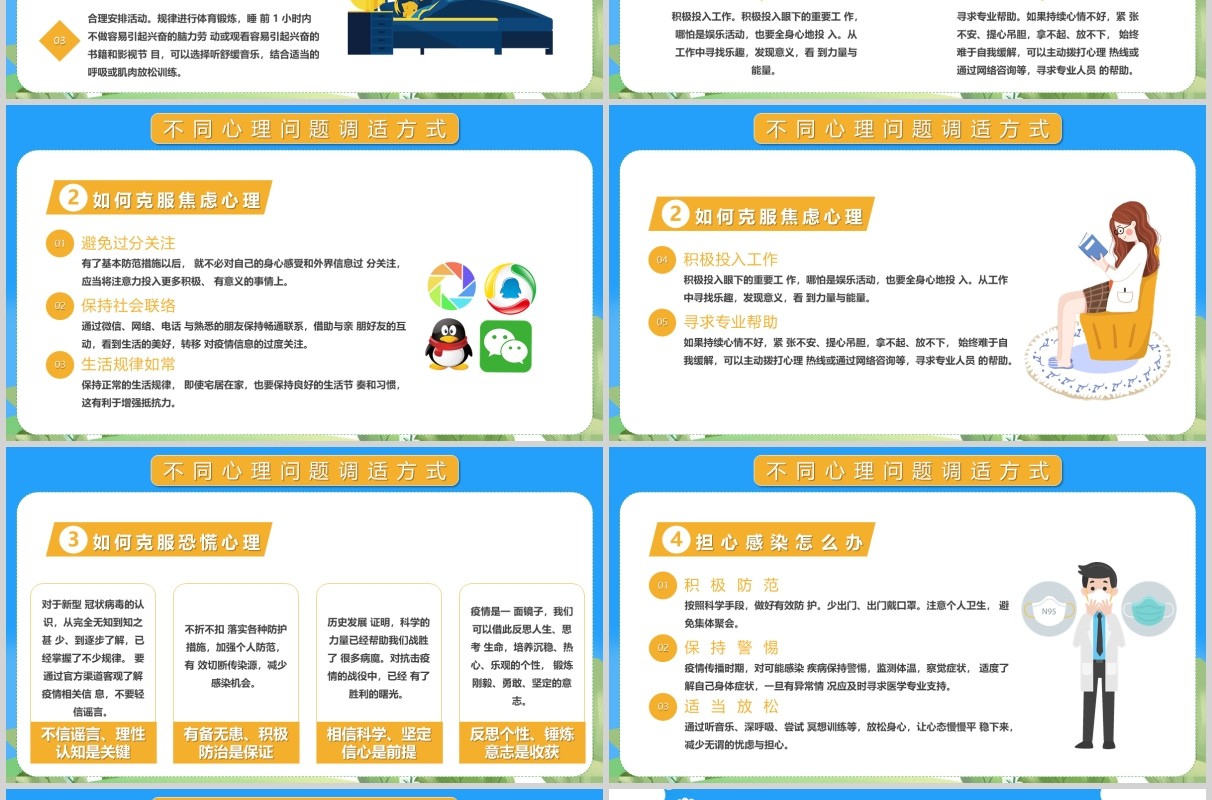 蓝色应对新型冠状病毒肺炎疫情心理调适指南防护辅导PPT模板