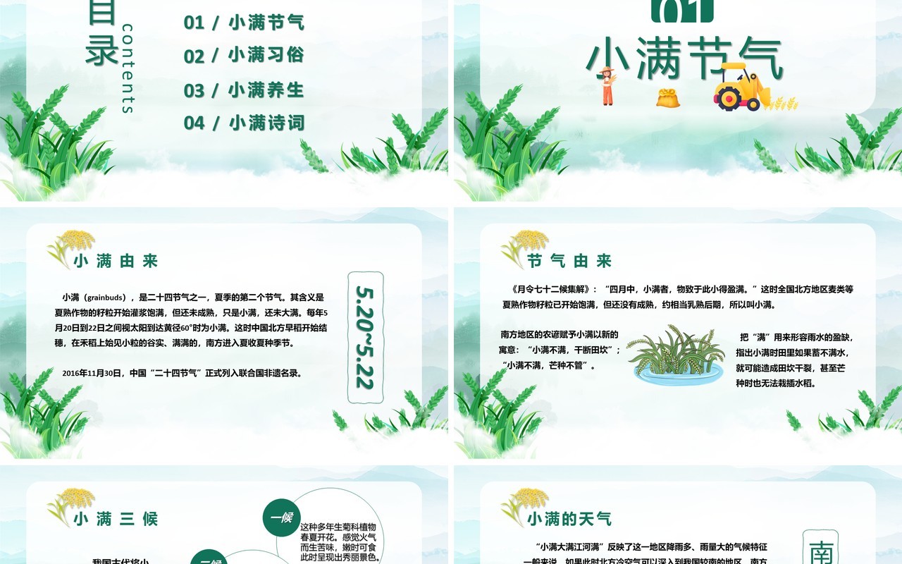小清新小满节气养生诗词习俗介绍PPT模板