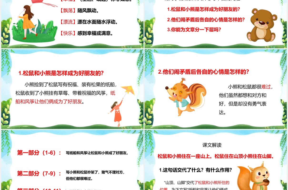 绿色卡通风纸船和风筝儿童教育语文课件说课汇报PPT模板