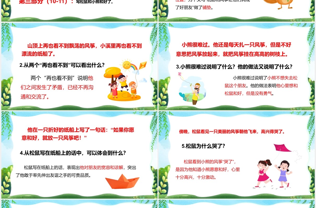 绿色卡通风纸船和风筝儿童教育语文课件说课汇报PPT模板