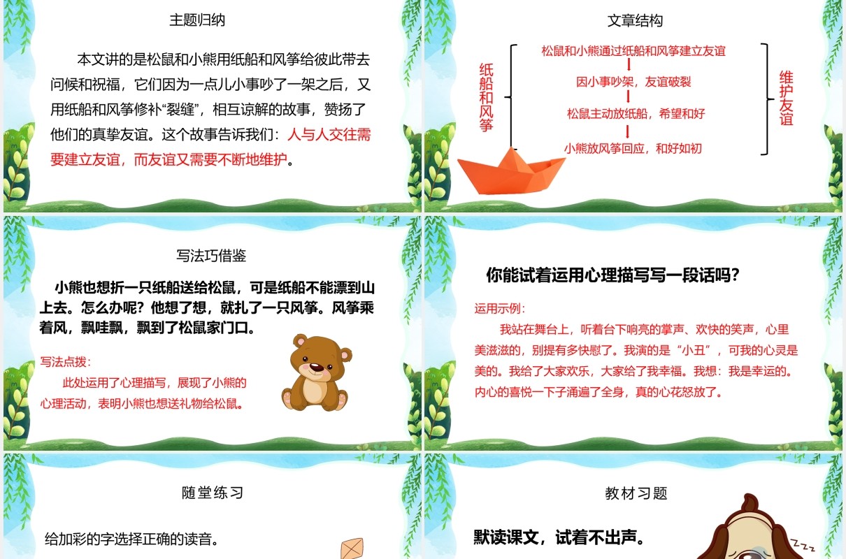 绿色卡通风纸船和风筝儿童教育语文课件说课汇报PPT模板