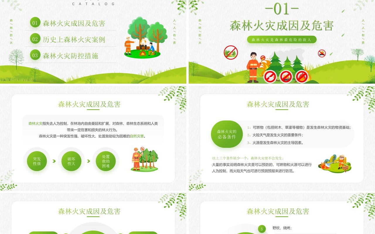绿色简约插画风森林防火知识宣传PPT模板
