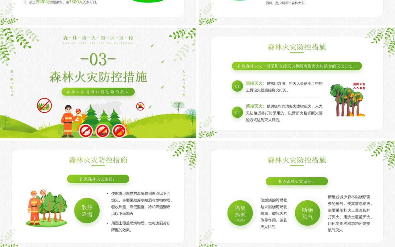 绿色简约插画风森林防火知识宣传PPT模板