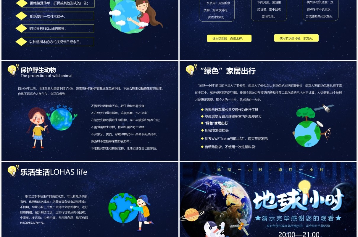 卡通风地球一小时熄灯一小时教育培训通用PPT模板
