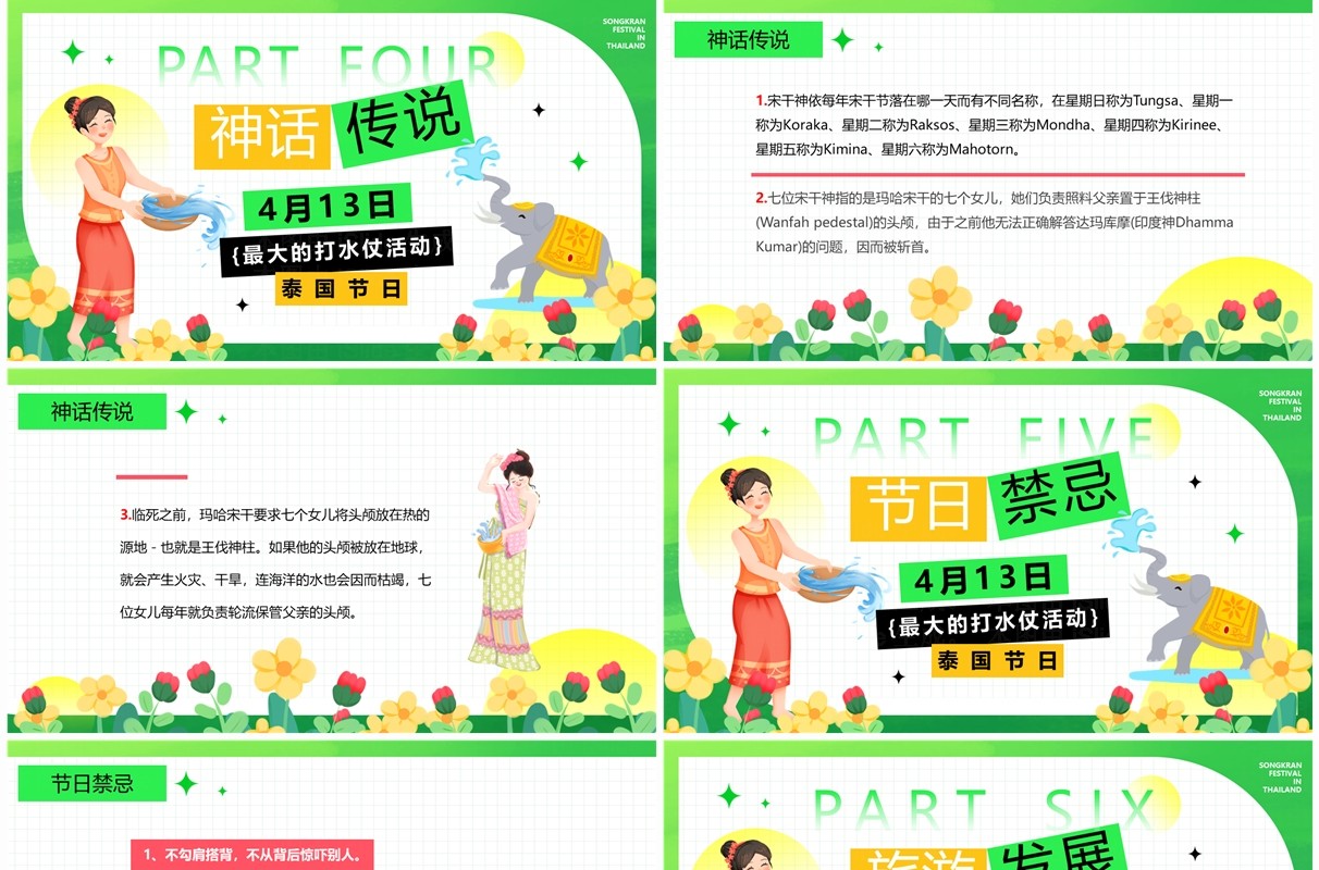 绿色简约卡通风泰国泼水节PPT模板