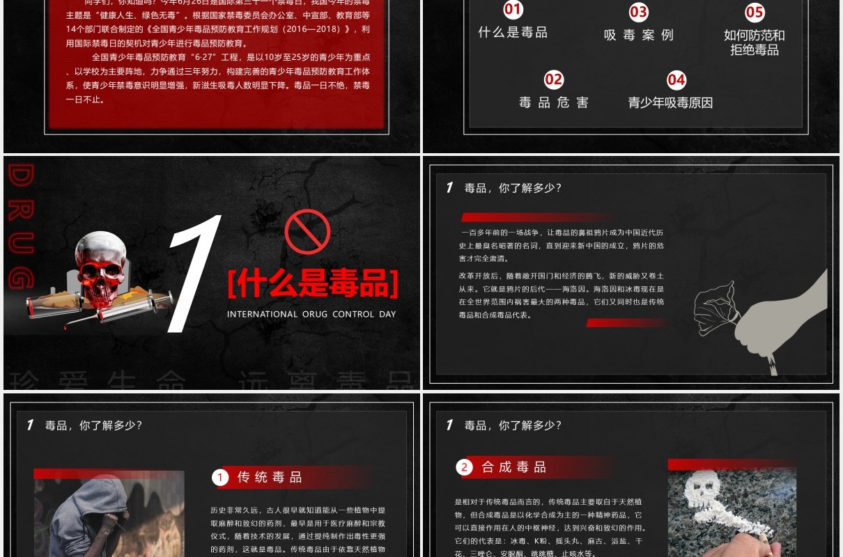 黑色国际禁毒日青少年教育通用PPT模板