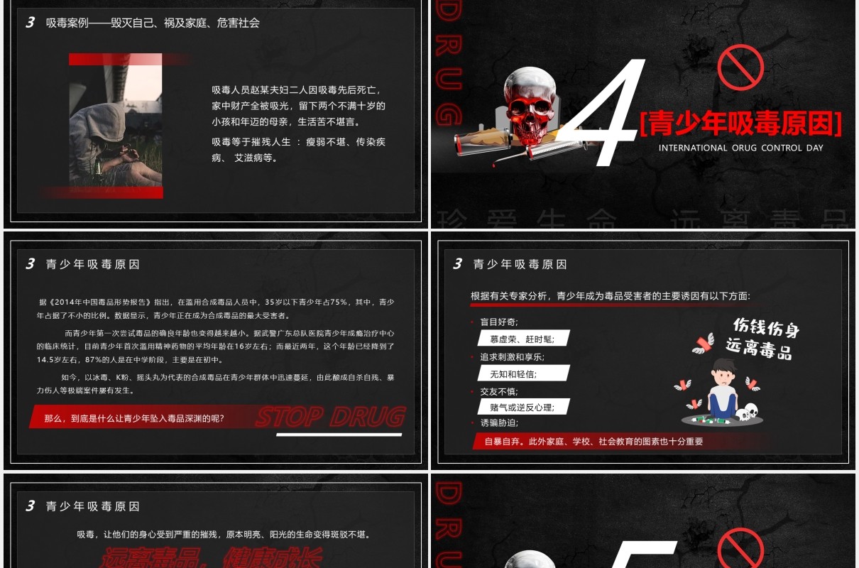 黑色国际禁毒日青少年教育通用PPT模板