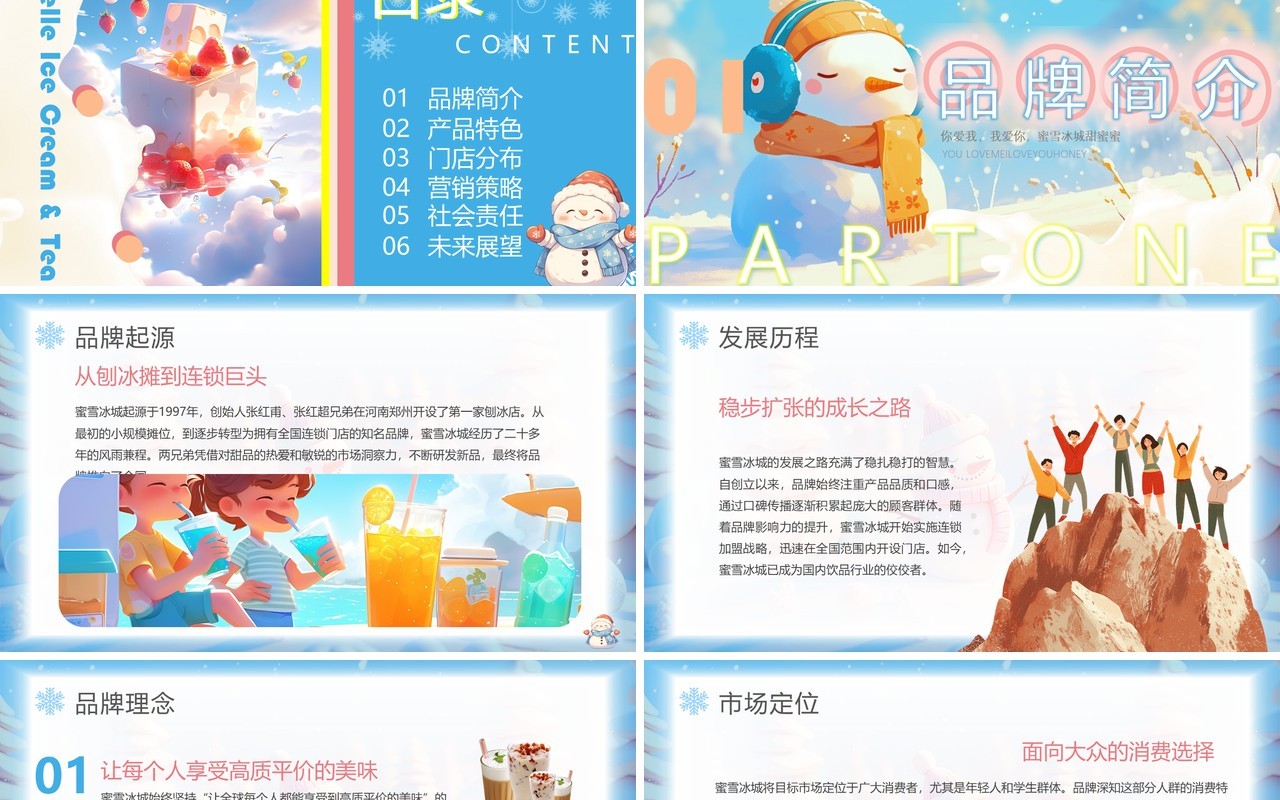 蓝色插画风蜜雪冰城品牌介绍PPT模板