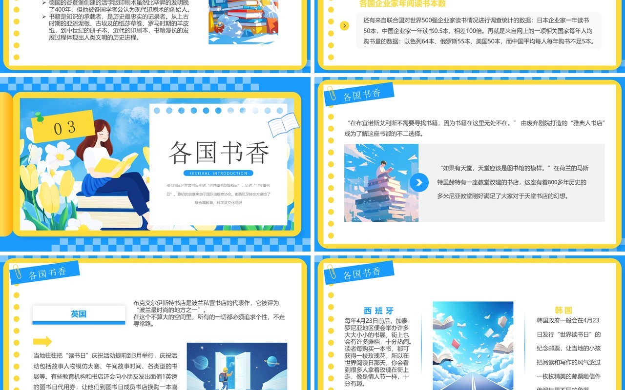 蓝色插画风世界读书日PPT模板