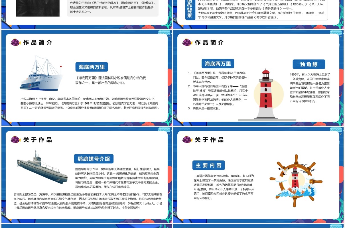 蓝色剪纸卡通风海底两万里读书分享PPT模板