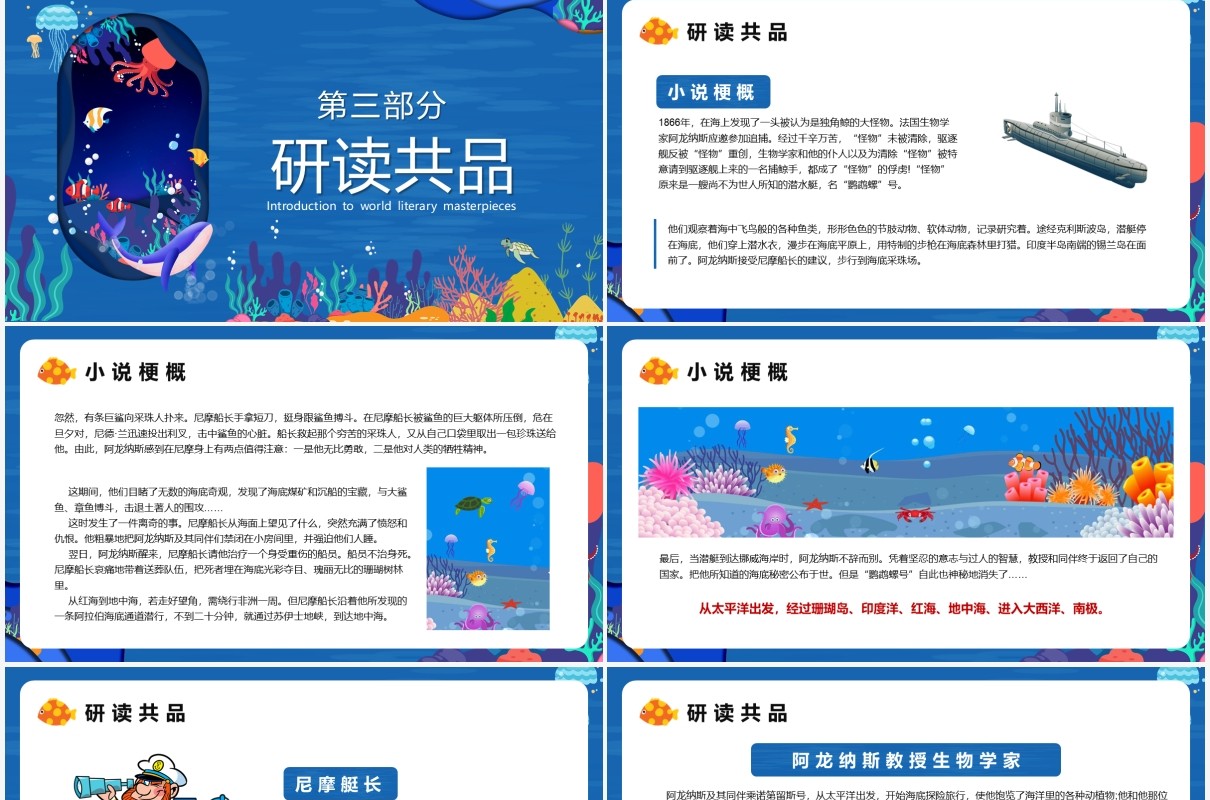 蓝色剪纸卡通风海底两万里读书分享PPT模板