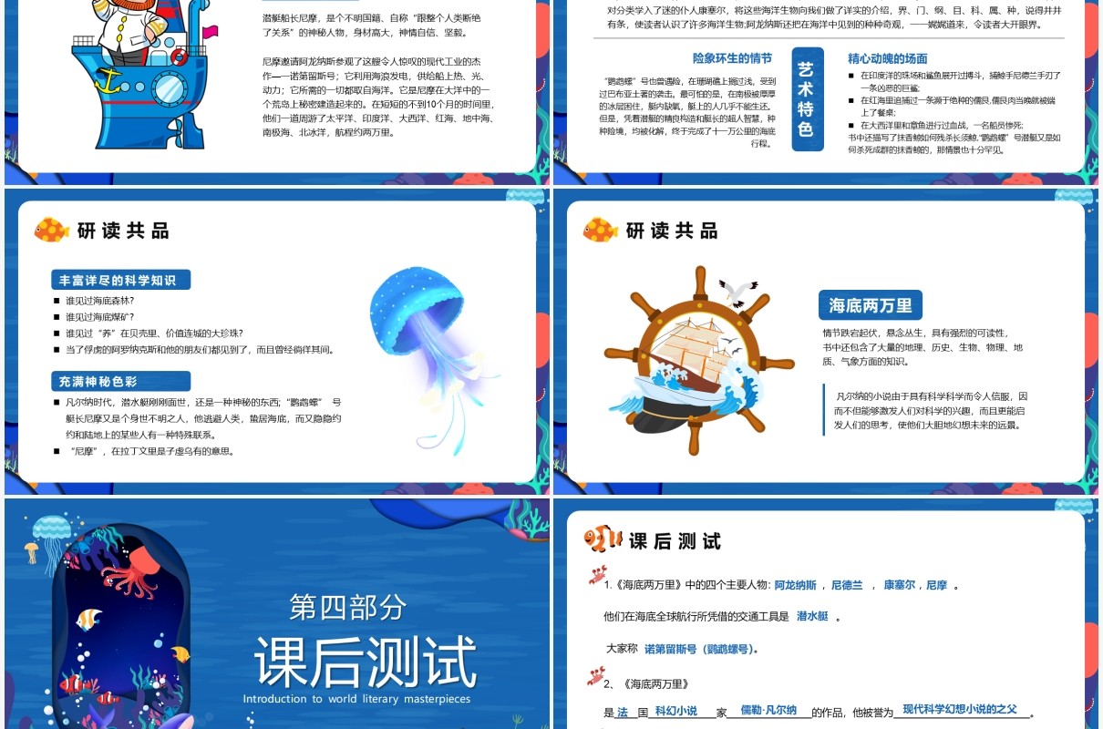 蓝色剪纸卡通风海底两万里读书分享PPT模板