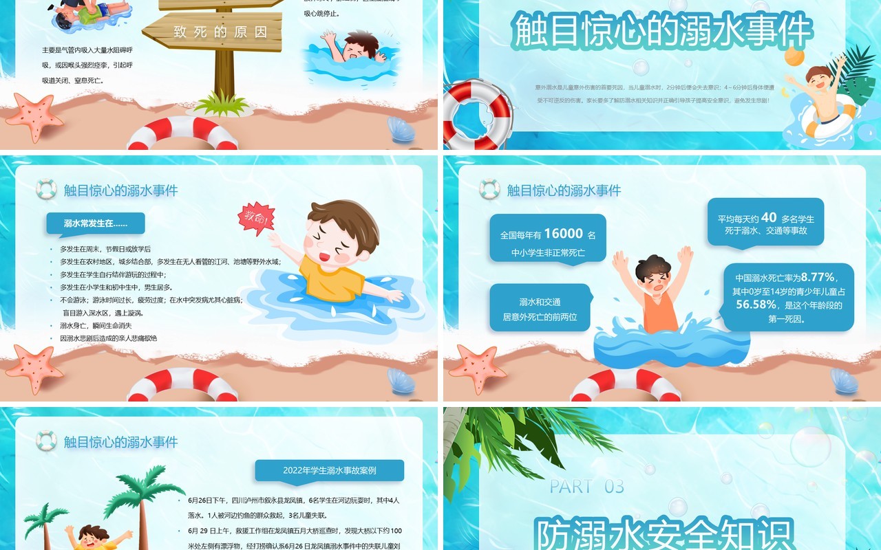 蓝色卡通风防溺水安全教育PPT模板