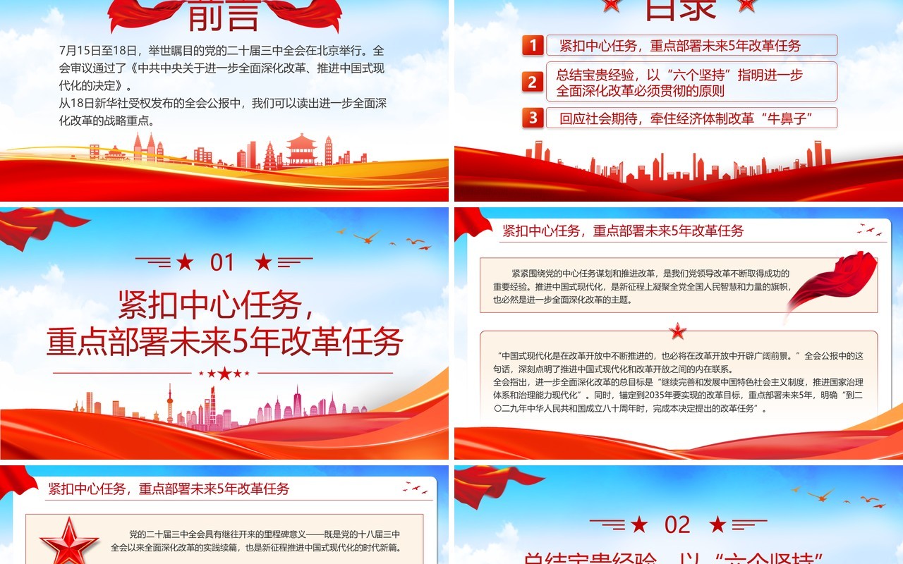 红色从三中全会公报读懂改革重点PPT模板