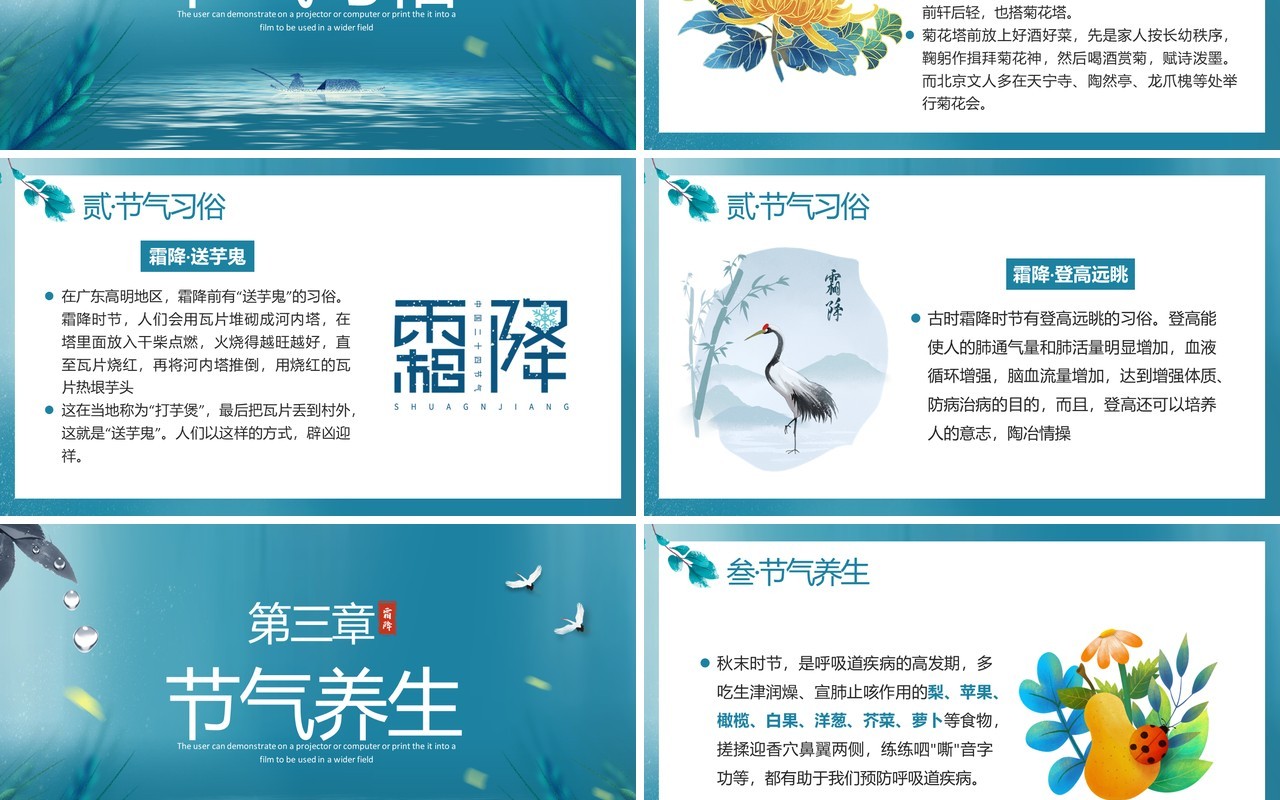 青色中国风二十四节气之霜降节气介绍PPT模板
