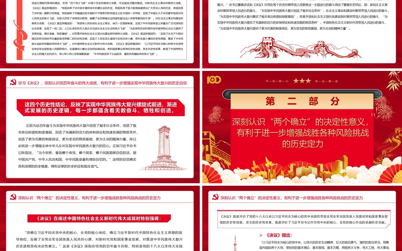红色中国风第三个历史决议的历史分量党课PPT模版