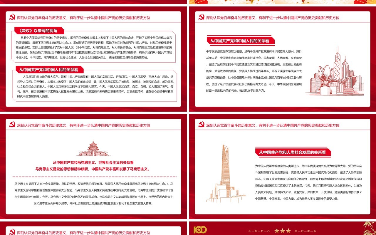 红色中国风第三个历史决议的历史分量党课PPT模版